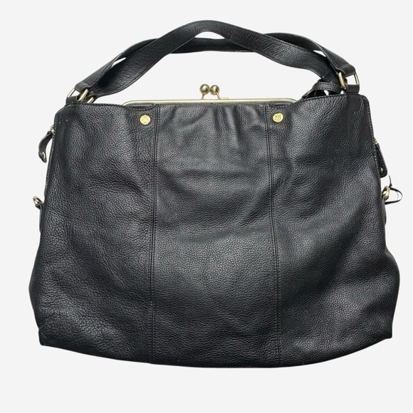 EMMA FOX Dressage Frame Kiss-Lock Black Leather Satchel Vibrant Cotton Interior - Picture 3 of 16